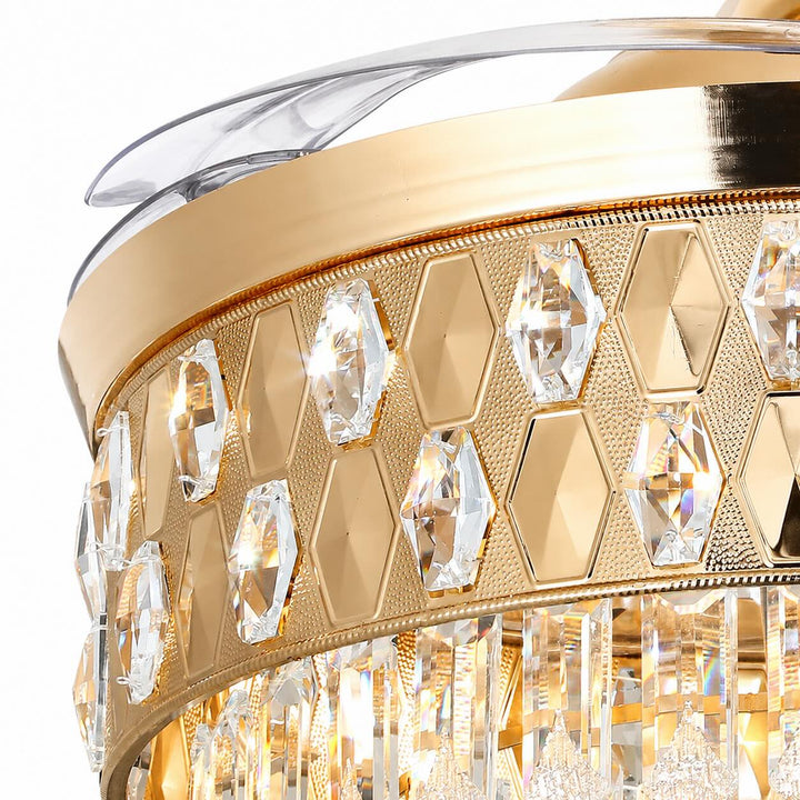 Modern Ceiling Fan with Lights Flush Mount Gold Iron Dimmable LED Crystal Shade 48W