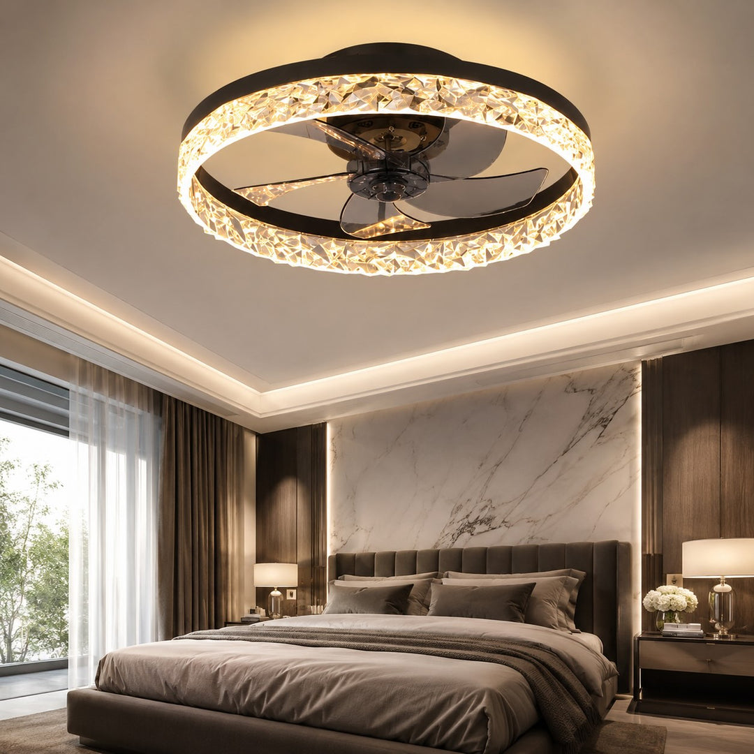 Retro Flush Mount Ceiling Fan with Lights Iron Frame Adjustable LED Color Temperature 3 Speed 1400LM