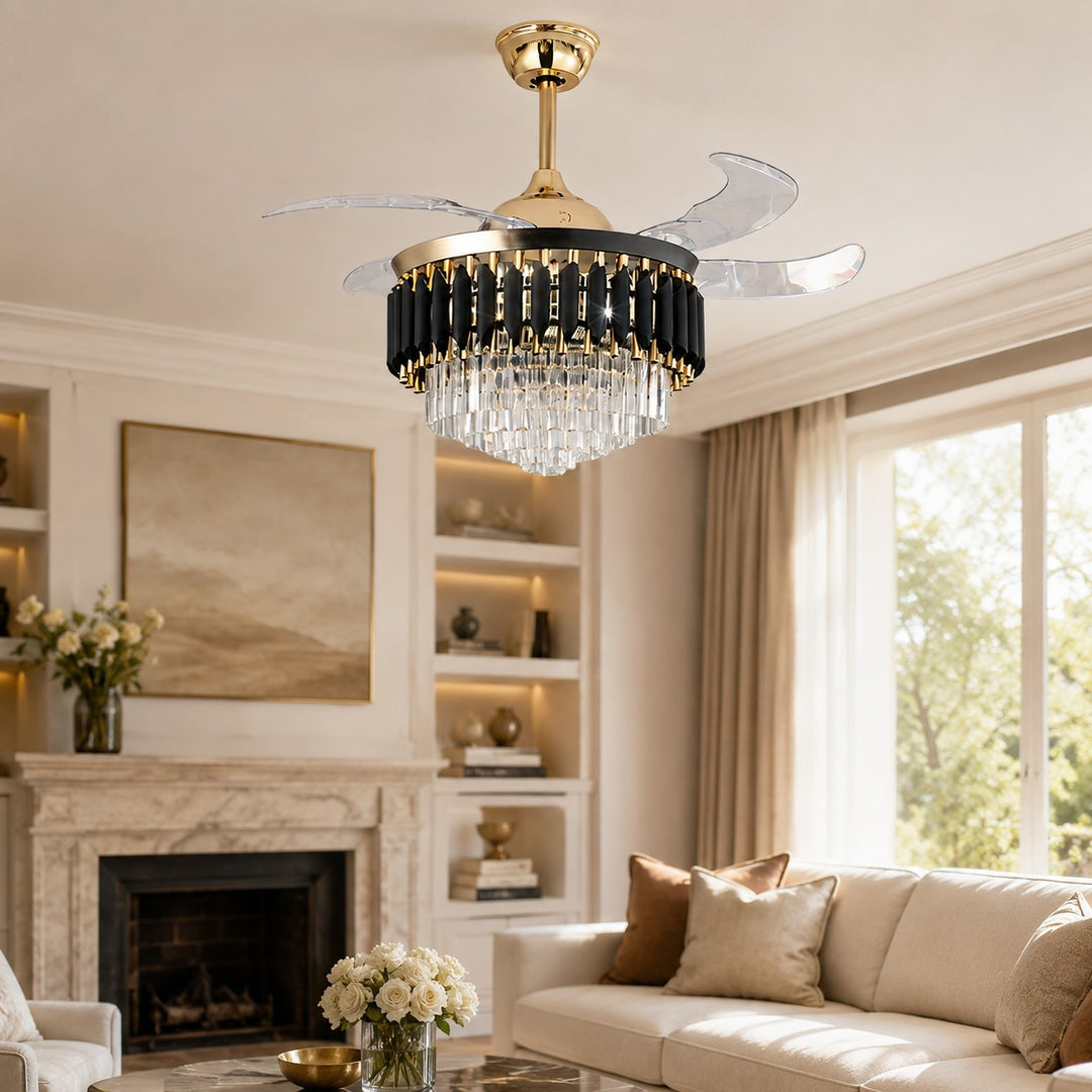 Modern Black Ceiling Fan with Lights Flush Mount Crystal Blades Dimmable LED Quiet Motor