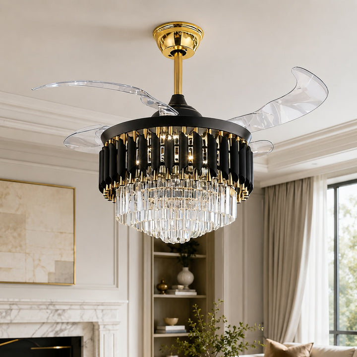 Modern Black Ceiling Fan with Lights Flush Mount Crystal Blades Dimmable LED Quiet Motor