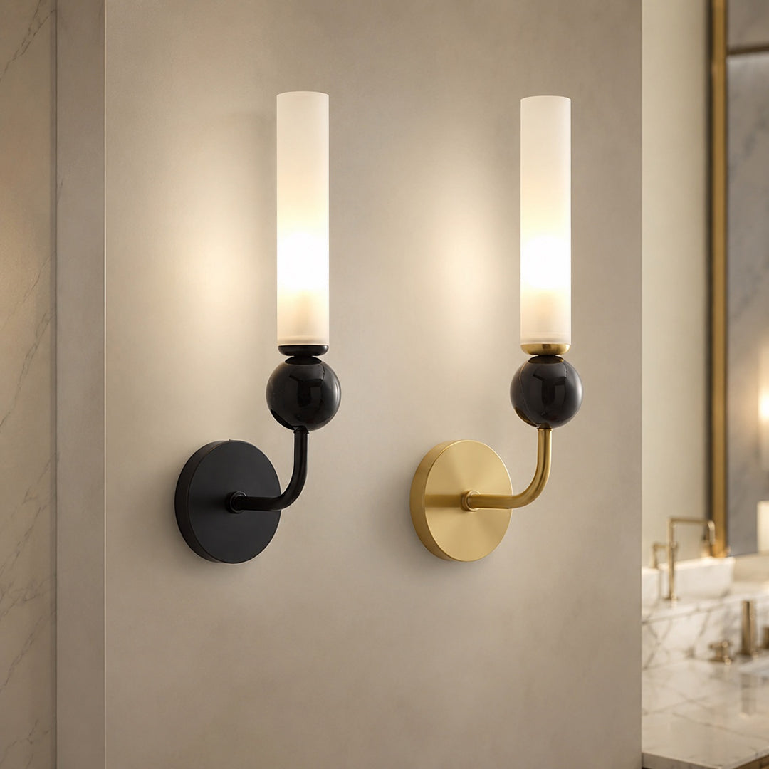 Modern Wall Sconce Lighting with Vertical Mount Solid Brass and White Acrylic Design