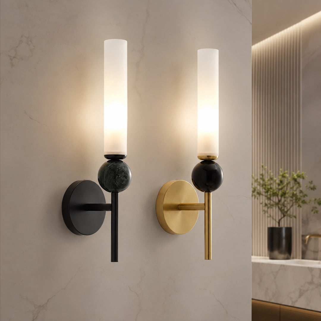 Modern Wall Sconce Lighting with Vertical Mount Solid Brass and White Acrylic Design