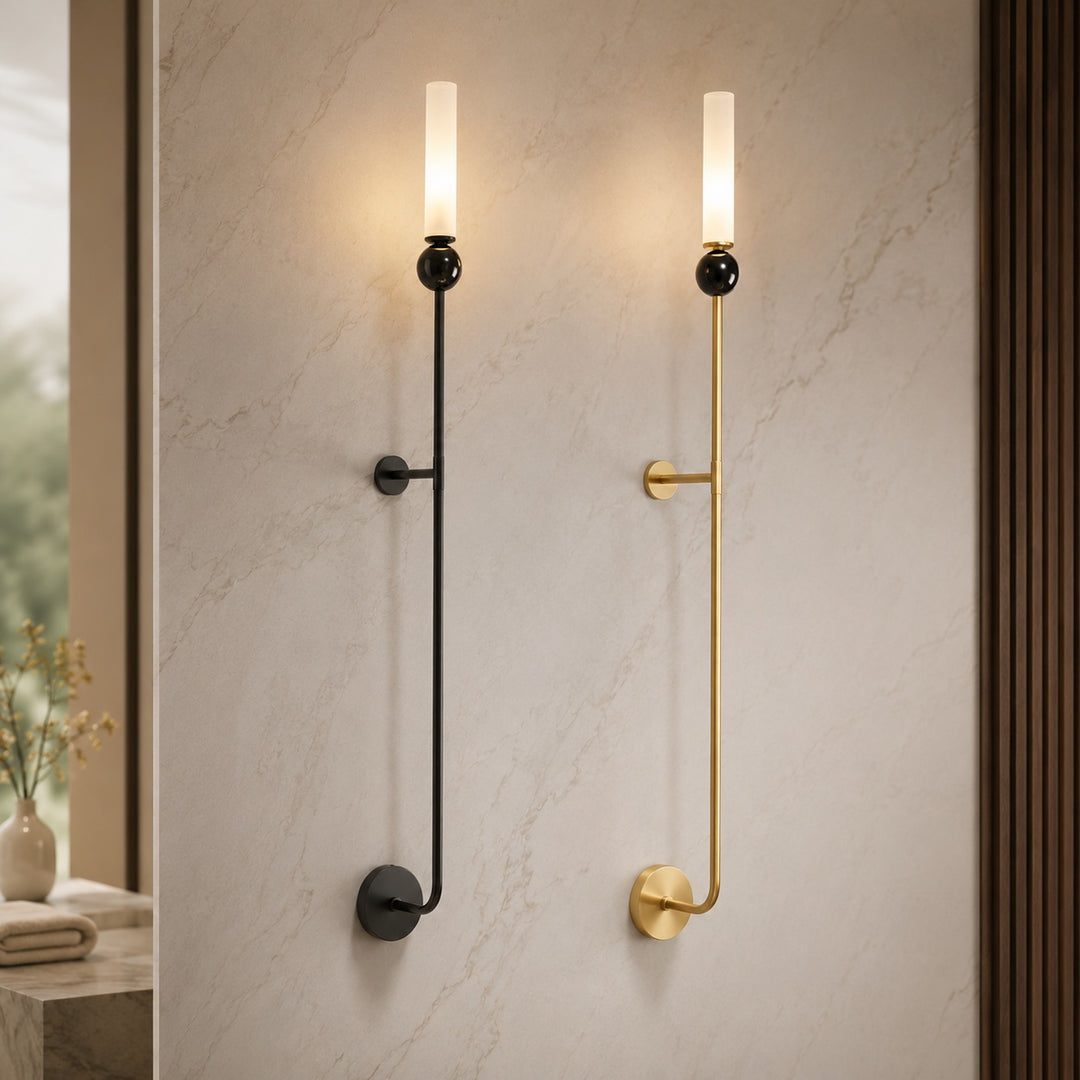 Modern Wall Sconce Lighting with Vertical Mount Solid Brass and White Acrylic Design