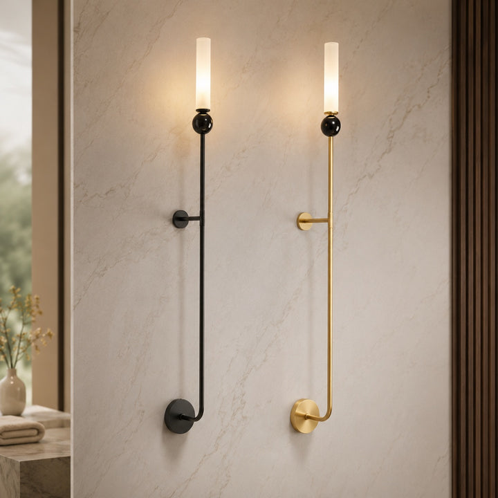 Modern Wall Sconce Lighting with Vertical Mount Solid Brass and White Acrylic Design
