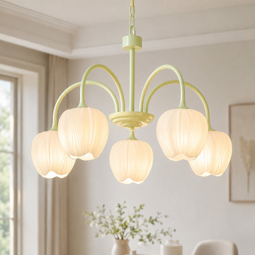 Modern Chandelier Light Adjustable Hanging Fixture with White Glass Shades and Green Metal Frame