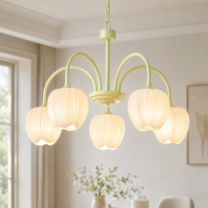 Modern Chandelier Light Adjustable Hanging Fixture with White Glass Shades and Green Metal Frame