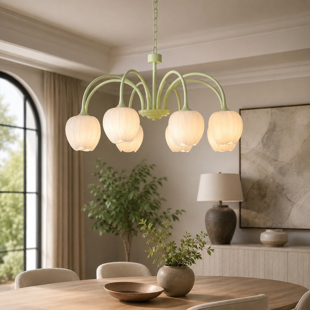 Modern Chandelier Light Adjustable Hanging Fixture with White Glass Shades and Green Metal Frame