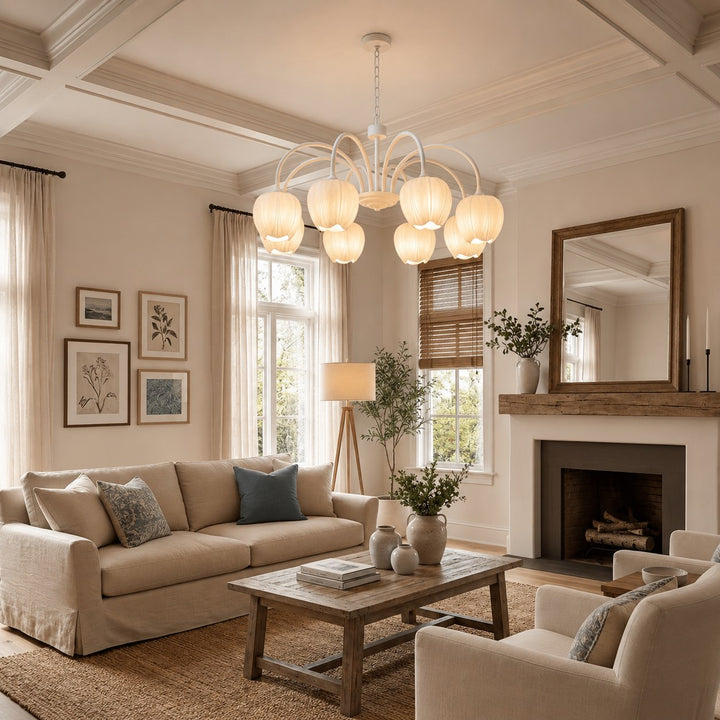 Modern Chandelier Light Adjustable Hanging Fixture with White Glass Shades and Green Metal Frame