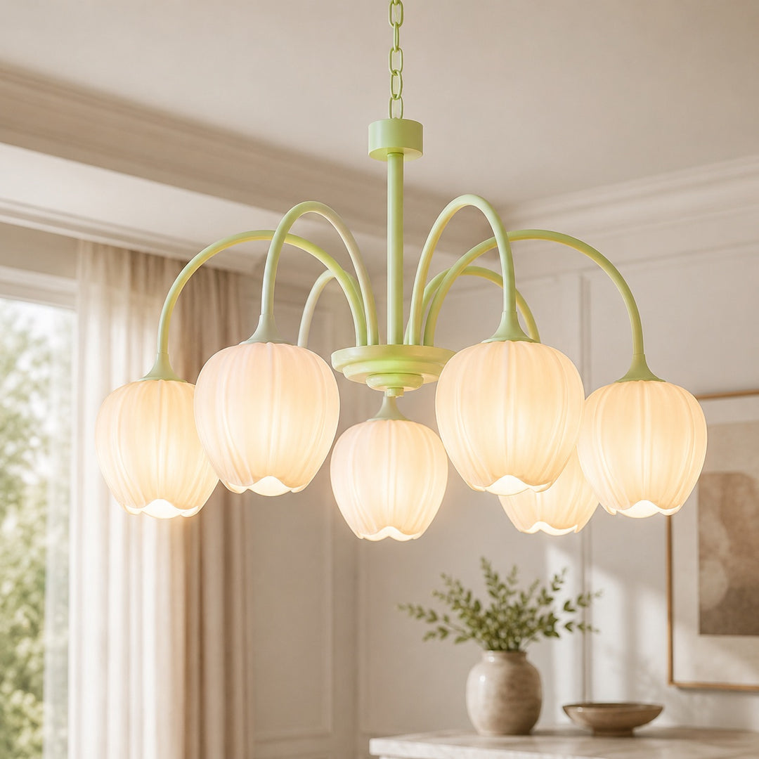 Modern Chandelier Light Adjustable Hanging Fixture with White Glass Shades and Green Metal Frame