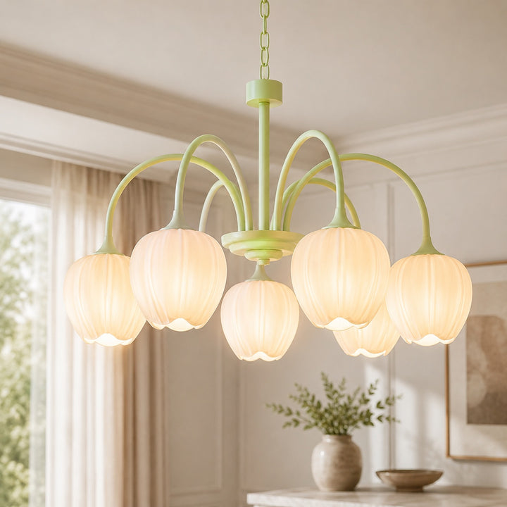 Modern Chandelier Light Adjustable Hanging Fixture with White Glass Shades and Green Metal Frame