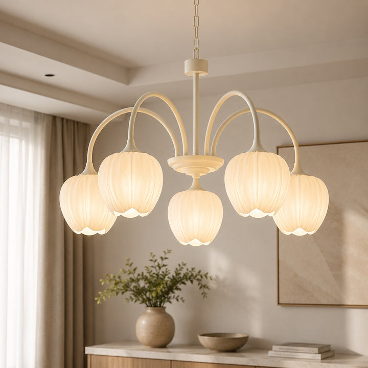 Modern Chandelier Light Adjustable Hanging Fixture with White Glass Shades and Green Metal Frame