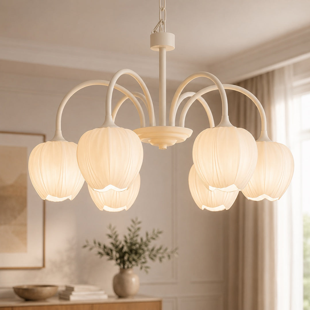 Modern Chandelier Light Adjustable Hanging Fixture with White Glass Shades and Green Metal Frame