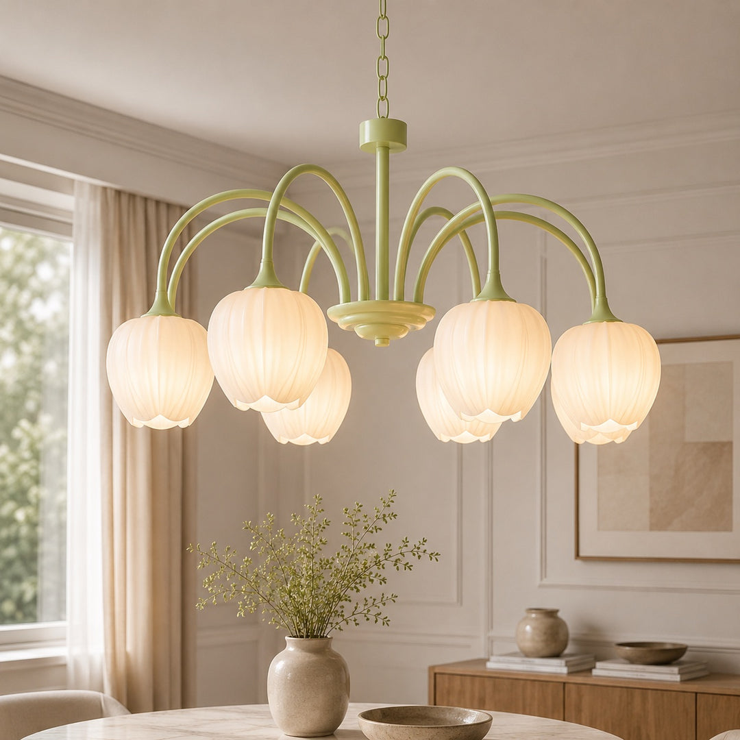 Modern Chandelier Light Adjustable Hanging Fixture with White Glass Shades and Green Metal Frame