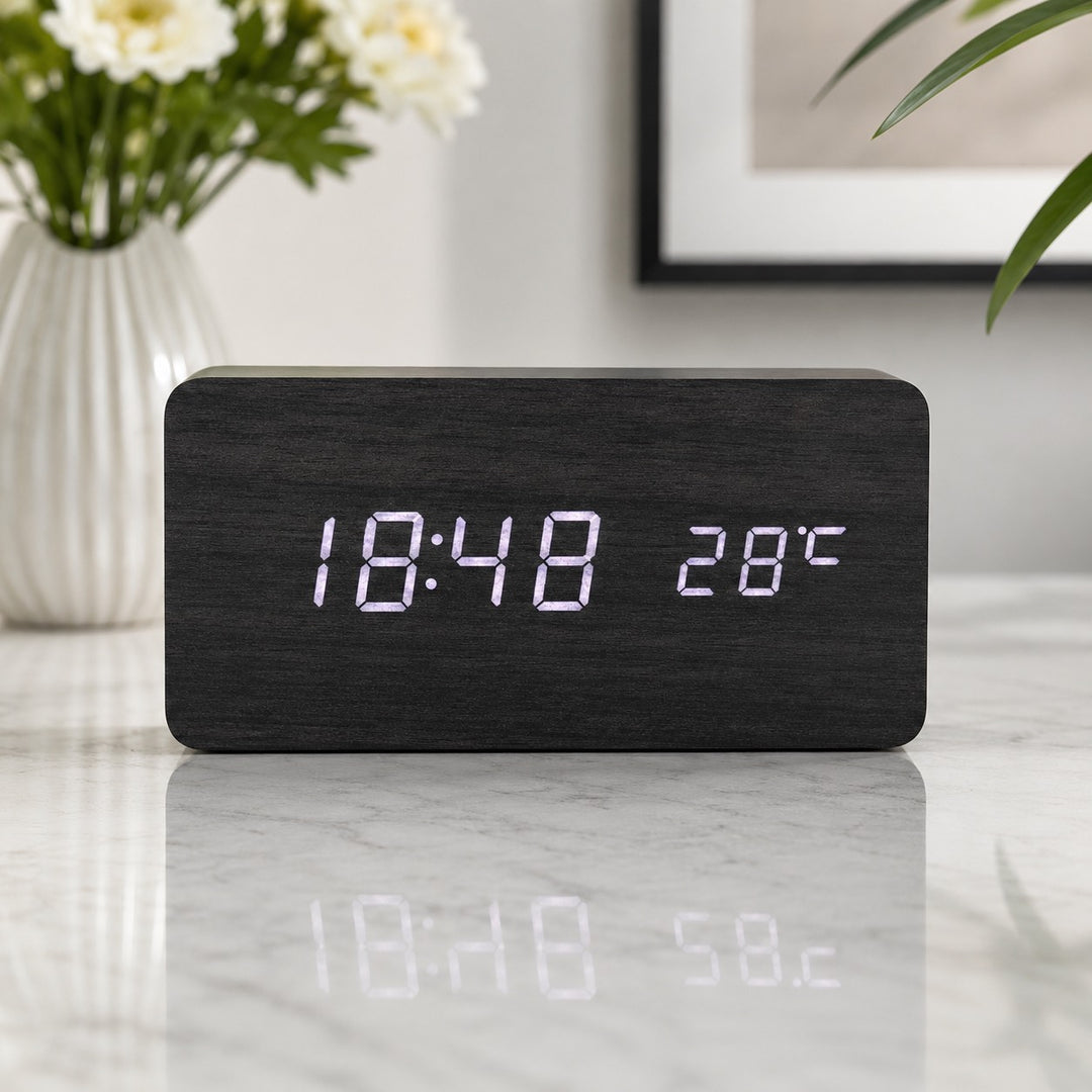 Modern Timber Digital Alarm Clock with Adjustable Brightness and LED Display