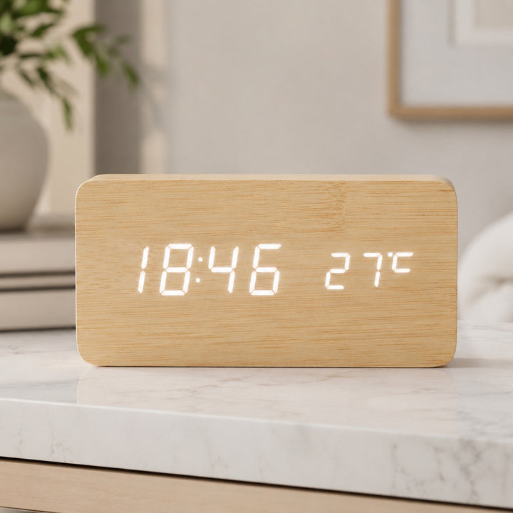 Modern Timber Digital Alarm Clock with Adjustable Brightness and LED Display