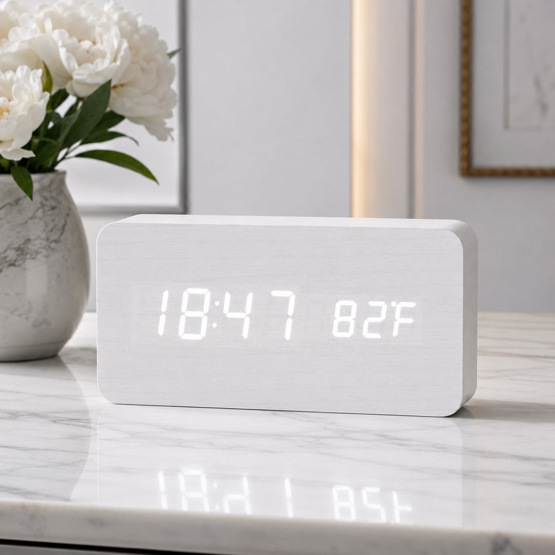 Modern Timber Digital Alarm Clock with Adjustable Brightness and LED Display