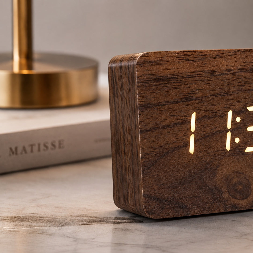 Modern Timber Digital Alarm Clock with Adjustable Brightness and LED Display
