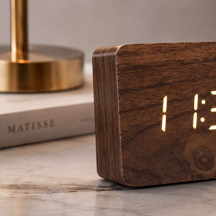 Modern Timber Digital Alarm Clock with Adjustable Brightness and LED Display