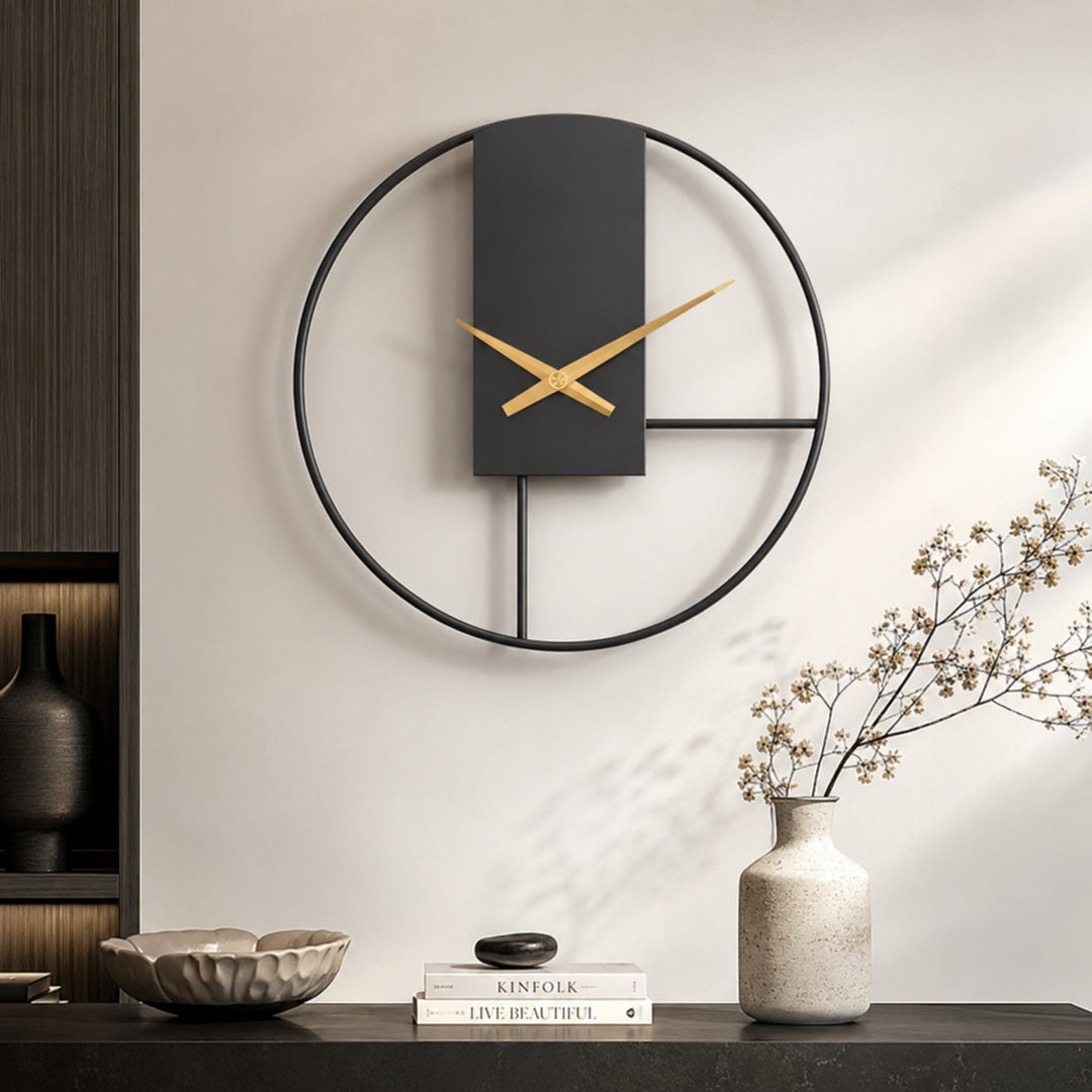 Modern Black Wall Clock with Open Circle Frame and Silent Quartz Movement for Contemporary Decor
