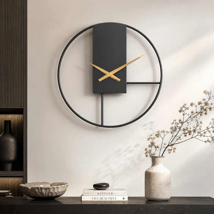 Modern Black Wall Clock with Open Circle Frame and Silent Quartz Movement for Contemporary Decor