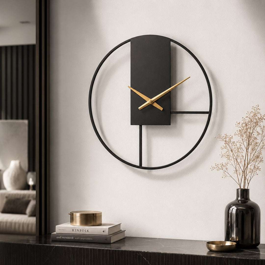 Modern Black Wall Clock with Open Circle Frame and Silent Quartz Movement for Contemporary Decor