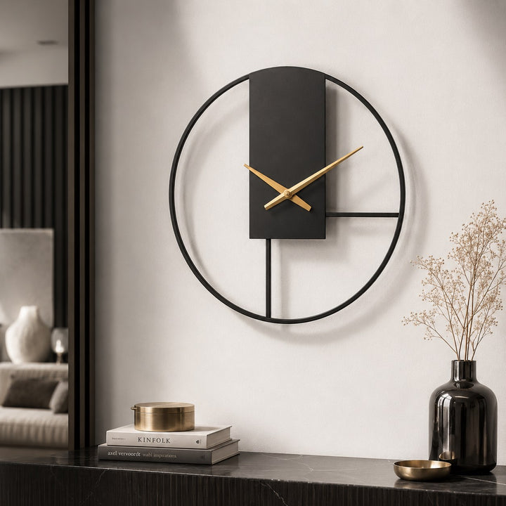 Modern Black Wall Clock with Open Circle Frame and Silent Quartz Movement for Contemporary Decor