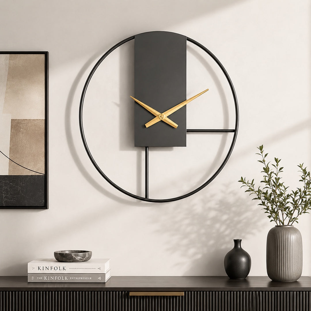 Modern Black Wall Clock with Open Circle Frame and Silent Quartz Movement for Contemporary Decor