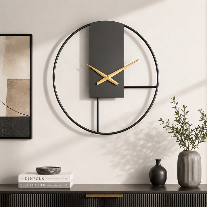 Modern Black Wall Clock with Open Circle Frame and Silent Quartz Movement for Contemporary Decor