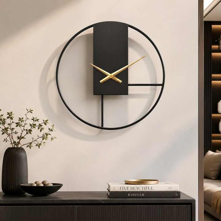Modern Black Wall Clock with Open Circle Frame and Silent Quartz Movement for Contemporary Decor