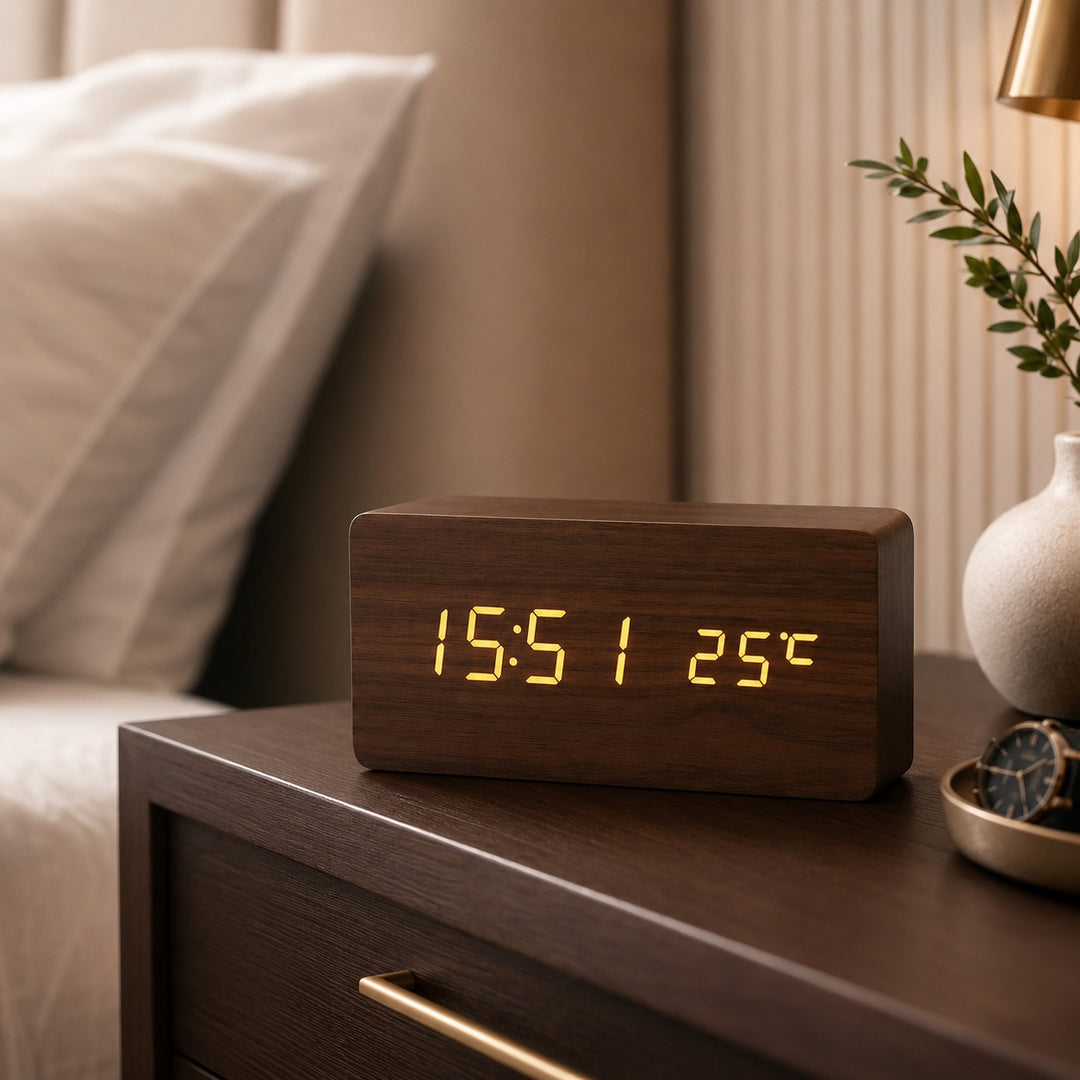 Modern Timber Digital Alarm Clock with Adjustable Brightness and LED Display