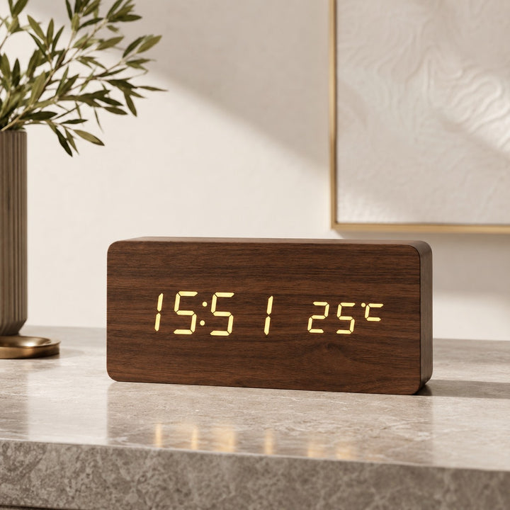 Modern Timber Digital Alarm Clock with Adjustable Brightness and LED Display