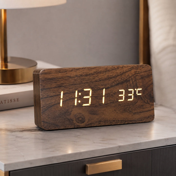 Modern Timber Digital Alarm Clock with Adjustable Brightness and LED Display