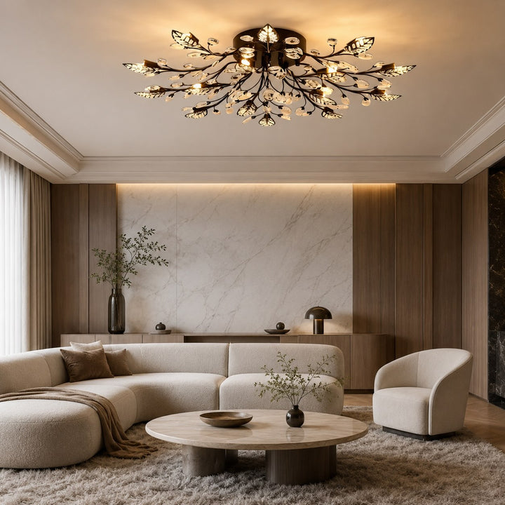 Modern Crystal Chandelier Ceiling Light 15-Light Black Iron Frame Dimmable LED Fixture