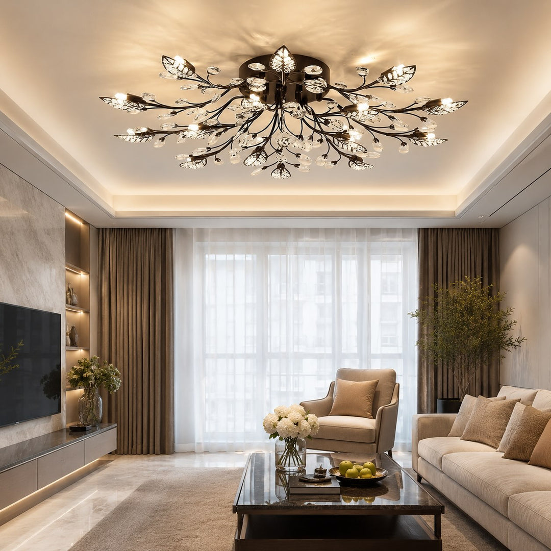 Modern Crystal Chandelier Ceiling Light 15-Light Black Iron Frame Dimmable LED Fixture