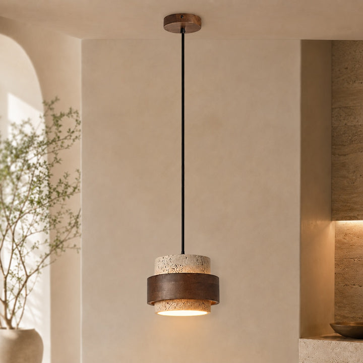 Minimalist Pendant Lamp with Stone Body and Walnut Wood Finish LED Bulb for Kitchen Pendant Lighting