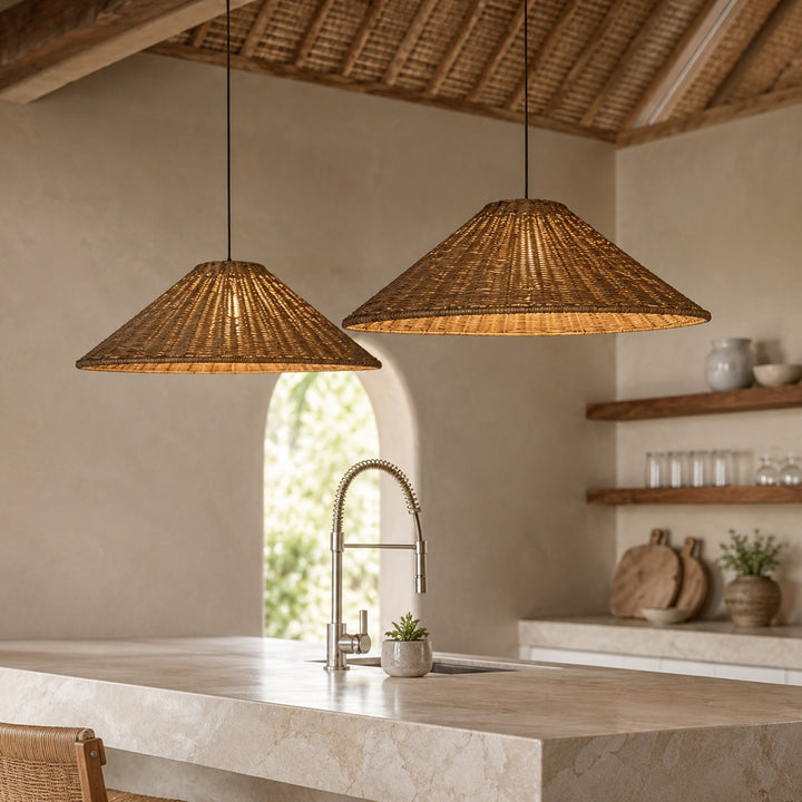 Modern Rattan Pendant Light Adjustable Height LED Hanging Lights for Kitchen Lighting