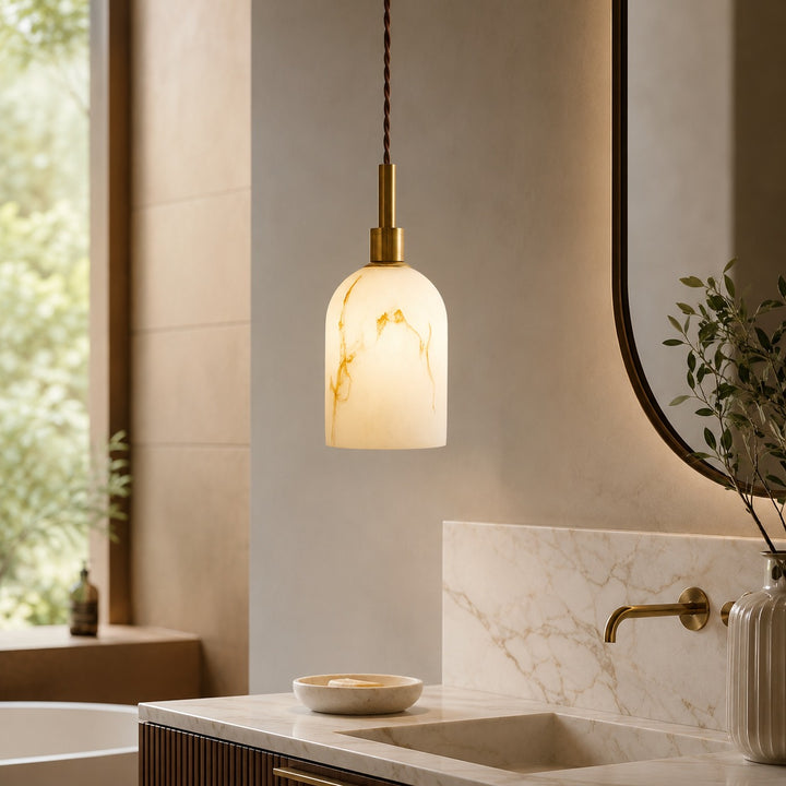 Modern Pendant Lamp with Dark Marble Spheres and Faux Alabaster Shade for Kitchen Lighting
