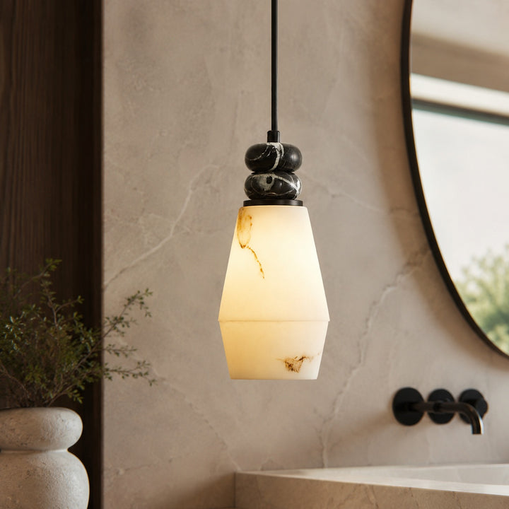 Modern Pendant Lamp with Dark Marble Spheres and Faux Alabaster Shade for Kitchen Lighting
