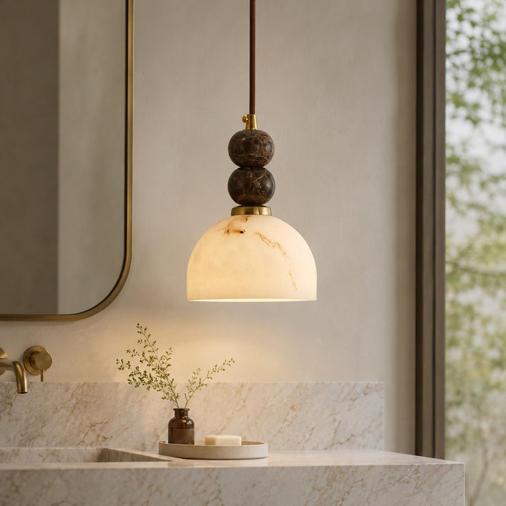 Modern Pendant Lamp with Dark Marble Spheres and Faux Alabaster Shade for Kitchen Lighting