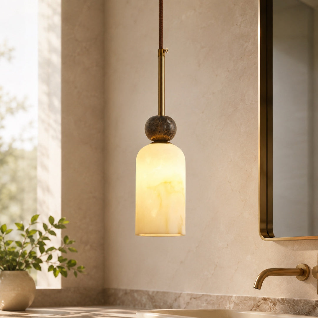 Modern Pendant Lamp with Dark Marble Spheres and Faux Alabaster Shade for Kitchen Lighting