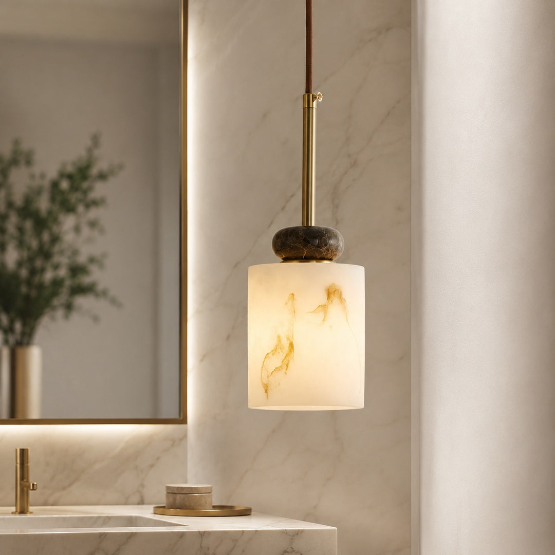 Modern Pendant Lamp with Dark Marble Spheres and Faux Alabaster Shade for Kitchen Lighting