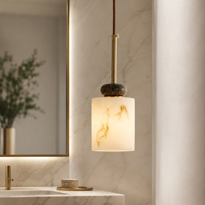 Modern Pendant Lamp with Dark Marble Spheres and Faux Alabaster Shade for Kitchen Lighting
