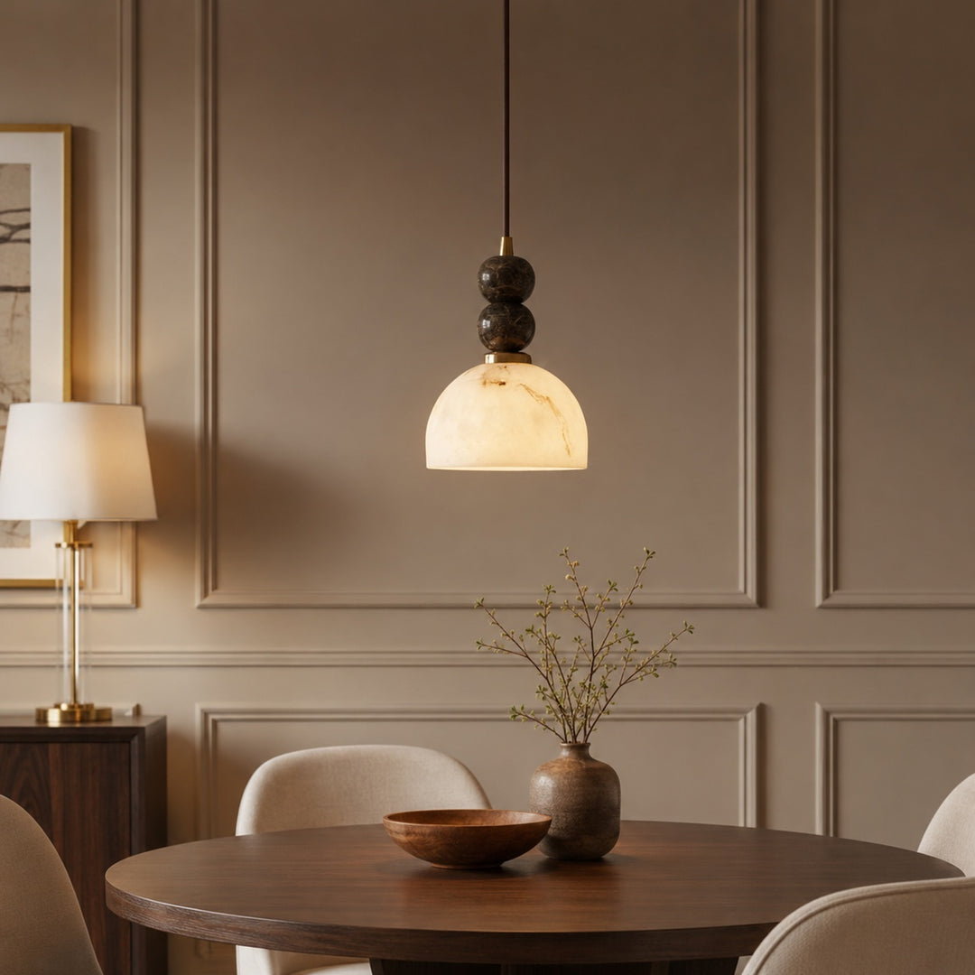 Modern Pendant Lamp with Dark Marble Spheres and Faux Alabaster Shade for Kitchen Lighting