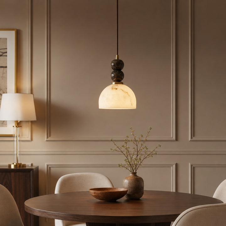 Modern Pendant Lamp with Dark Marble Spheres and Faux Alabaster Shade for Kitchen Lighting