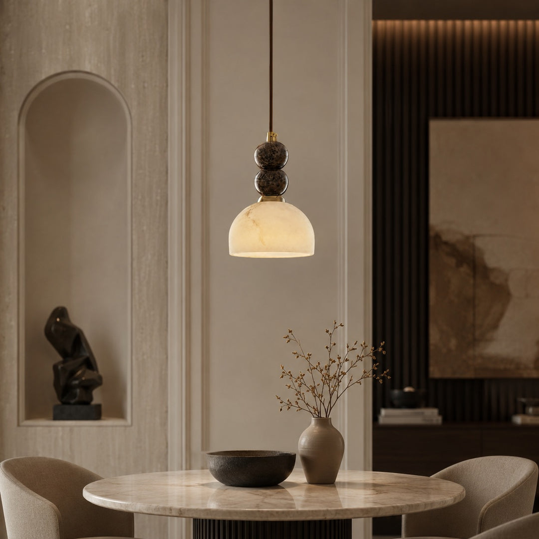 Modern Pendant Lamp with Dark Marble Spheres and Faux Alabaster Shade for Kitchen Lighting