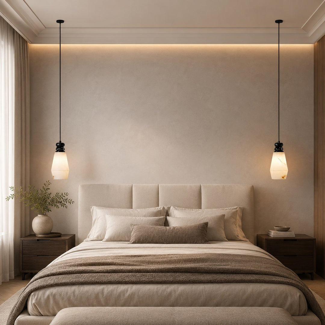 Modern Pendant Lamp with Dark Marble Spheres and Faux Alabaster Shade for Kitchen Lighting