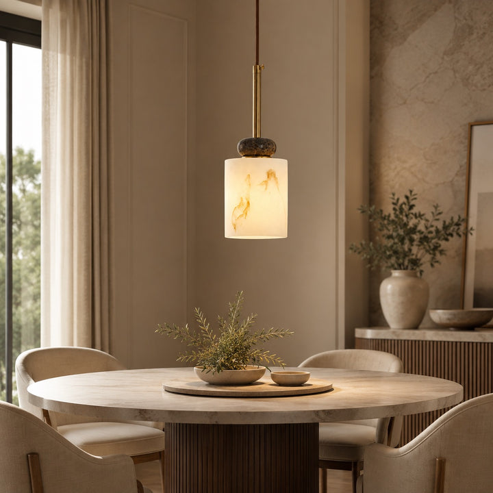 Modern Pendant Lamp with Dark Marble Spheres and Faux Alabaster Shade for Kitchen Lighting
