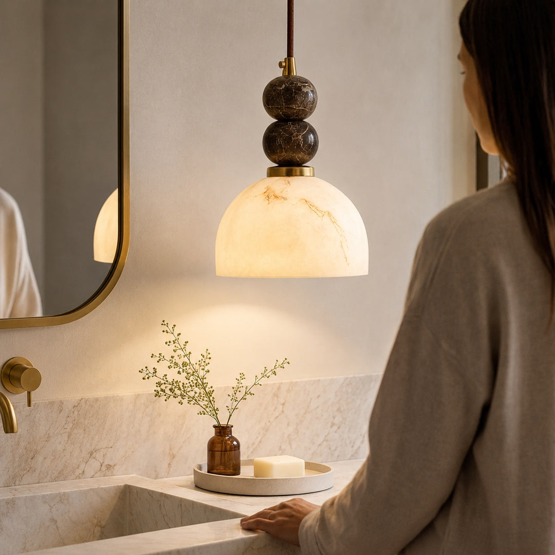 Modern Pendant Lamp with Dark Marble Spheres and Faux Alabaster Shade for Kitchen Lighting