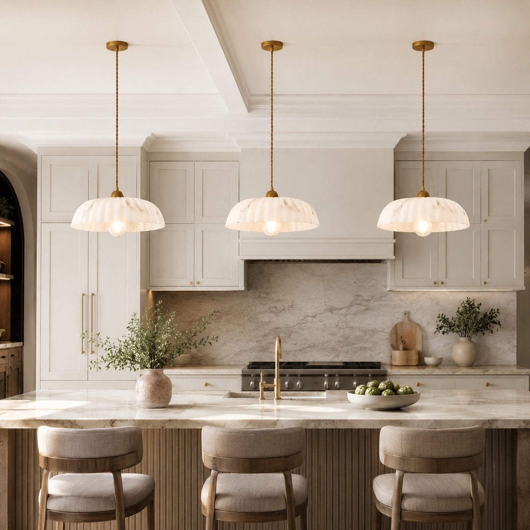 Modern Pendant Light Hanging Alabaster Shade Antique Gold Finish Dimmable for Elegant Illumination