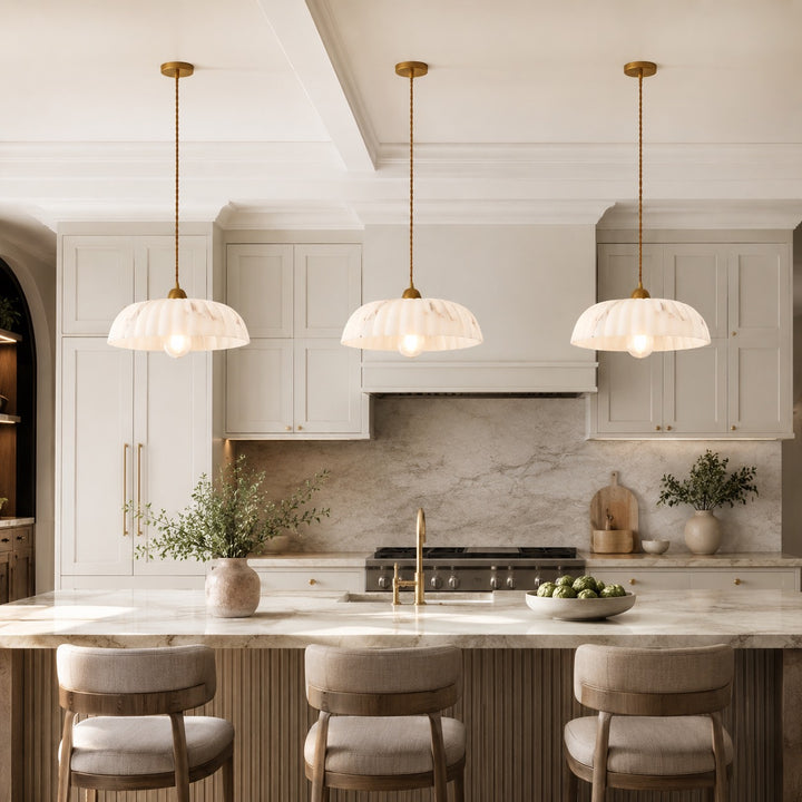 Modern Pendant Light Hanging Alabaster Shade Antique Gold Finish Dimmable for Elegant Illumination
